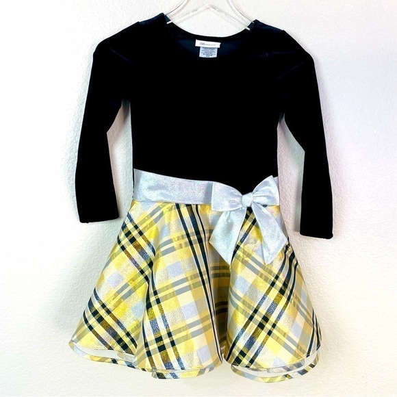 Bonnie Jean Other - Bonnie Jean Black Velvet Bodice Plaid Foil Skirt Holiday Party Dress Size 8